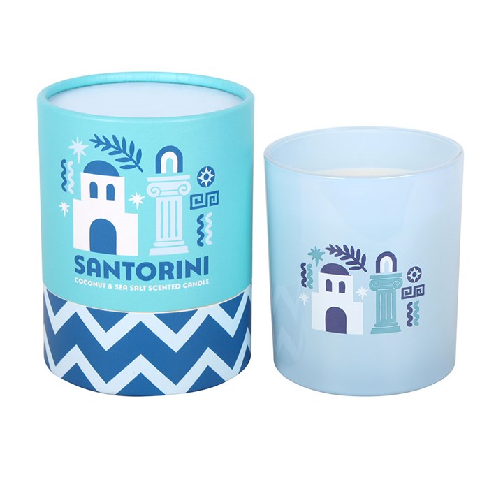 Santorini Coconut and Sea Salt scented candle with Greek island inspired home fragrance design