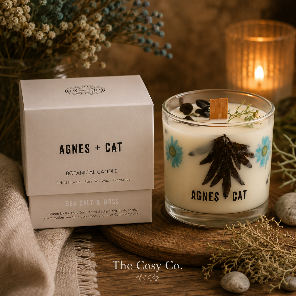 Agnes and Cat Sea Salt and Moss botanical soy wax candle with coastal-inspired fragrance and dried florals