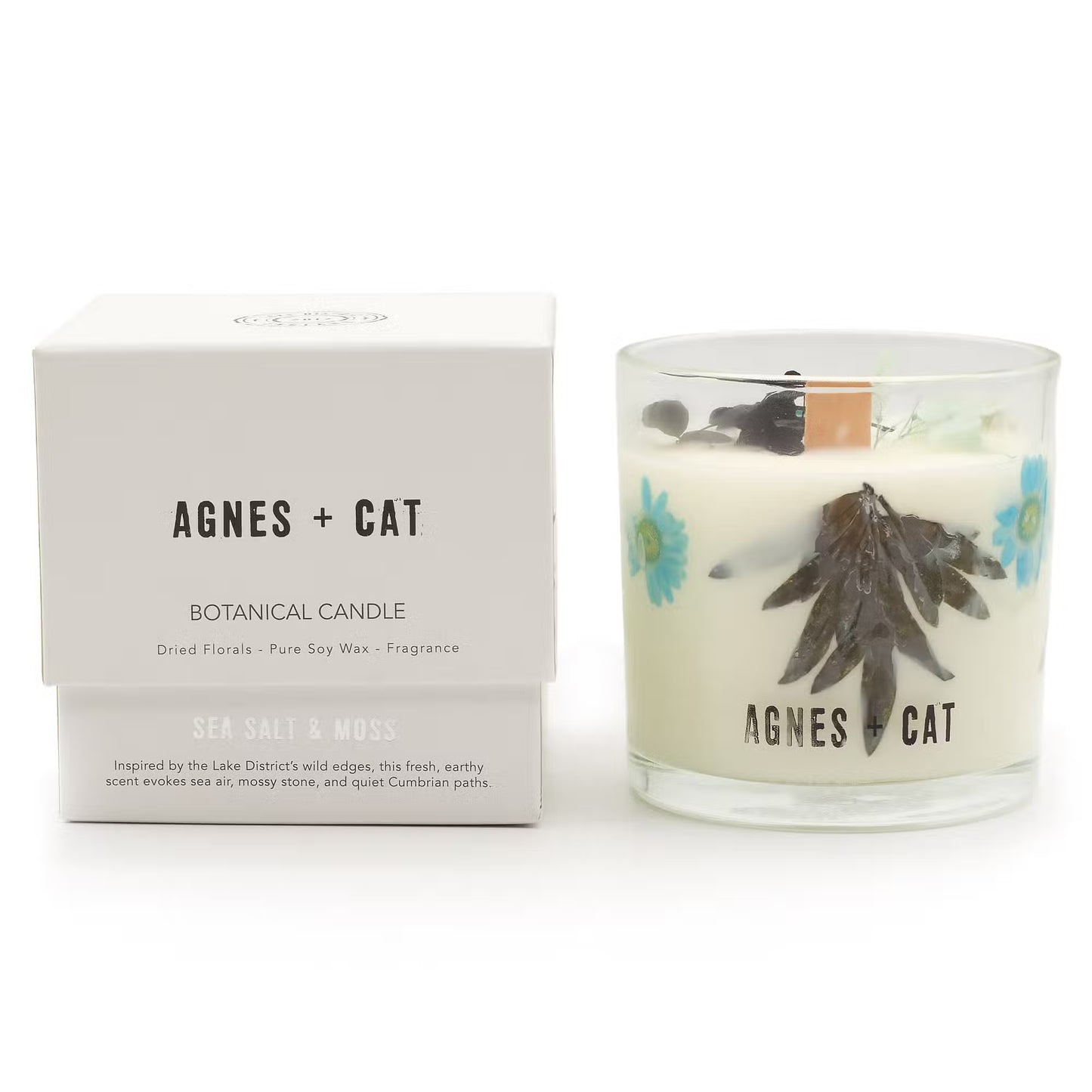 Agnes and Cat Sea Salt and Moss botanical soy wax candle with coastal-inspired fragrance and dried florals