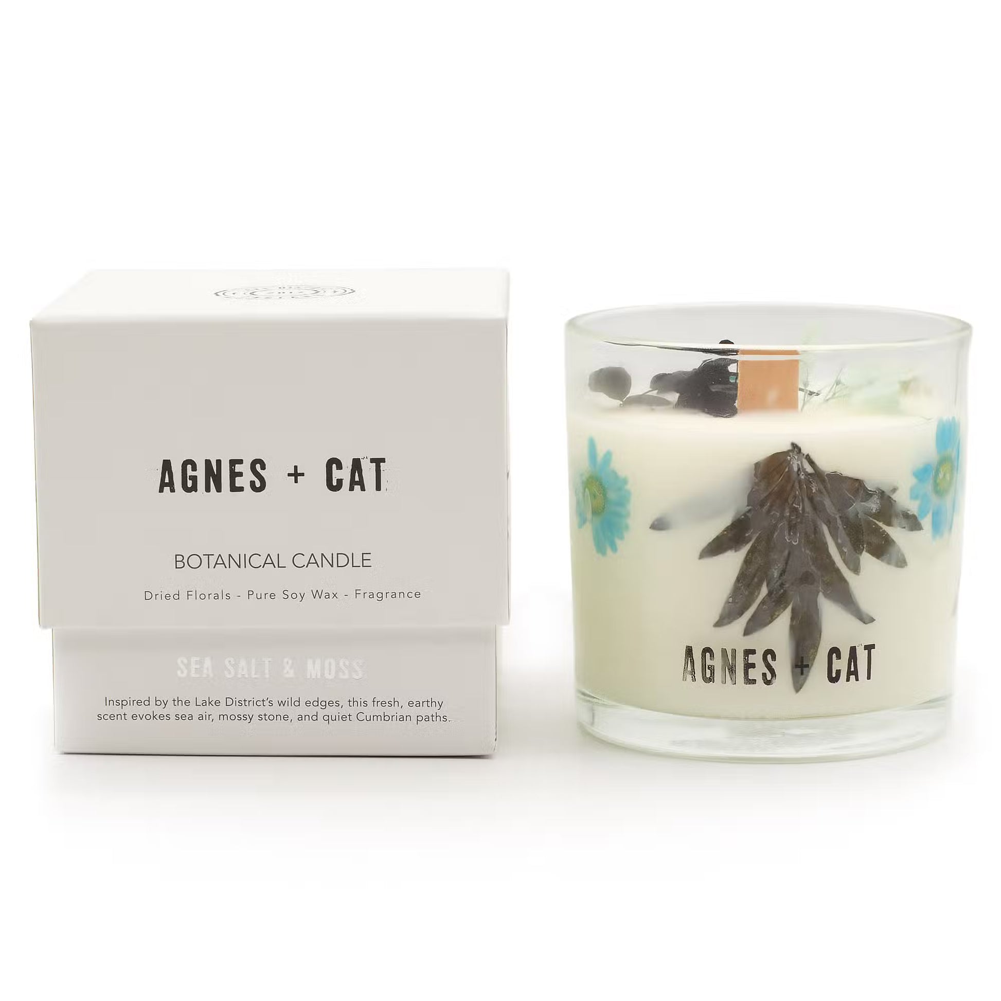 Agnes and Cat Sea Salt and Moss botanical soy wax candle with coastal-inspired fragrance and dried florals