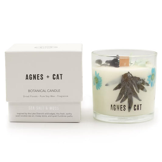 Agnes and Cat Sea Salt and Moss botanical soy wax candle with coastal-inspired fragrance and dried florals