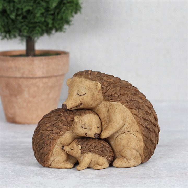 Hedgehog Family ornament featuring two parent hedgehogs and baby with sentimental family message card