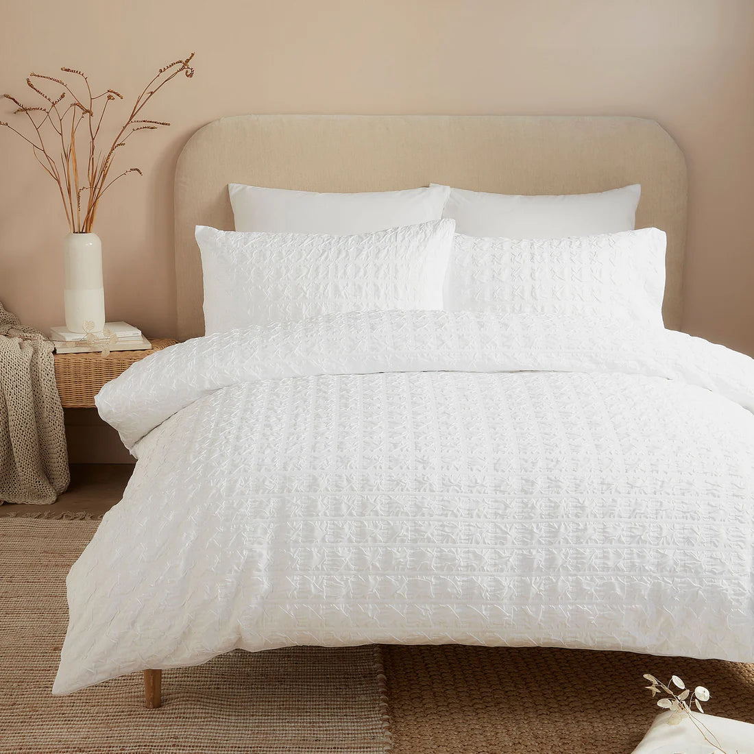 Serene Embossed Grid duvet cover set in white with textured geometric pattern and soft easy-care fabric