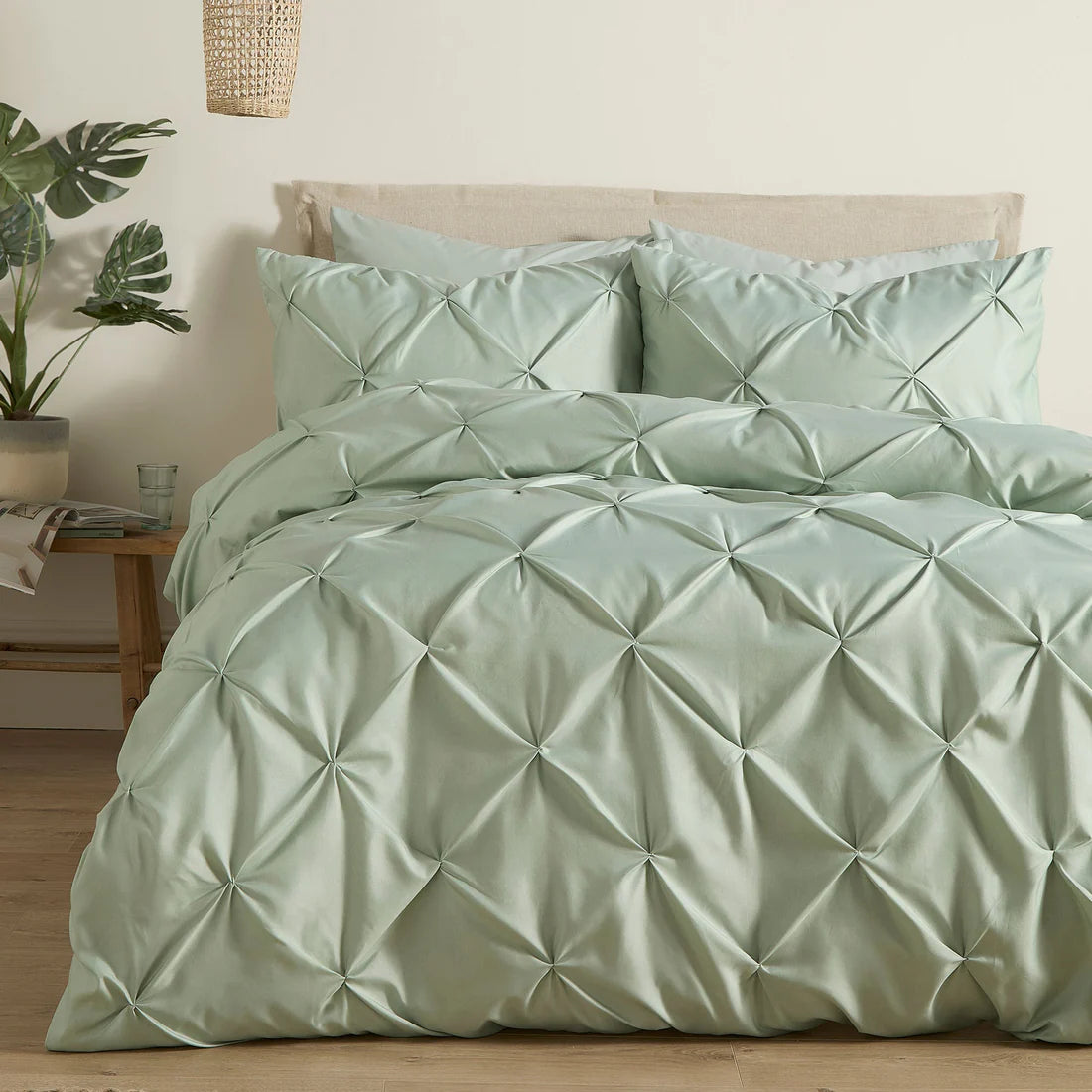 Serene Lara duvet cover set in steel and sage featuring elegant ruched texture and contemporary styling