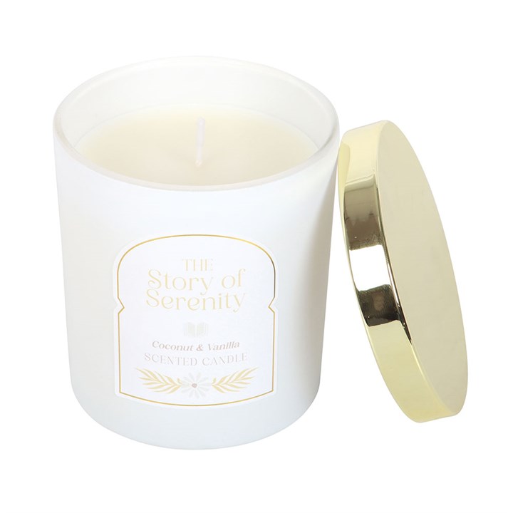 The Story of Serenity Coconut and Vanilla scented candle with elegant gift-ready packaging