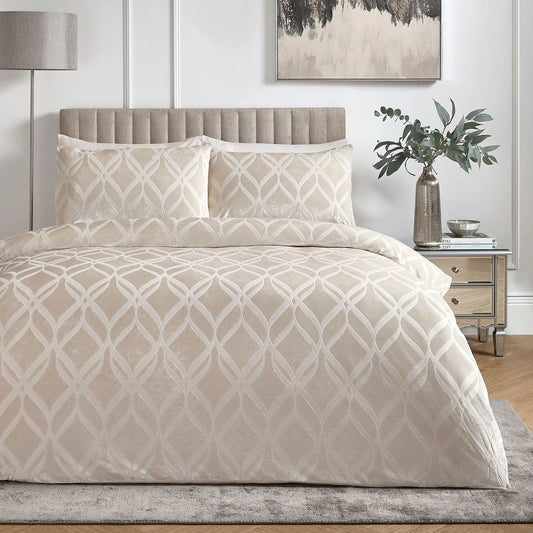 Soiree Belfort velvet duvet cover set in champagne with elegant woven ogee pattern