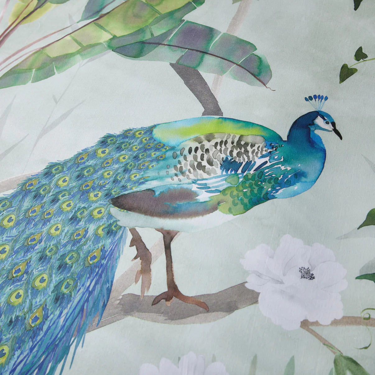 Soiree Peacock Jungle duvet cover set with tropical peacock-inspired luxury green bedding