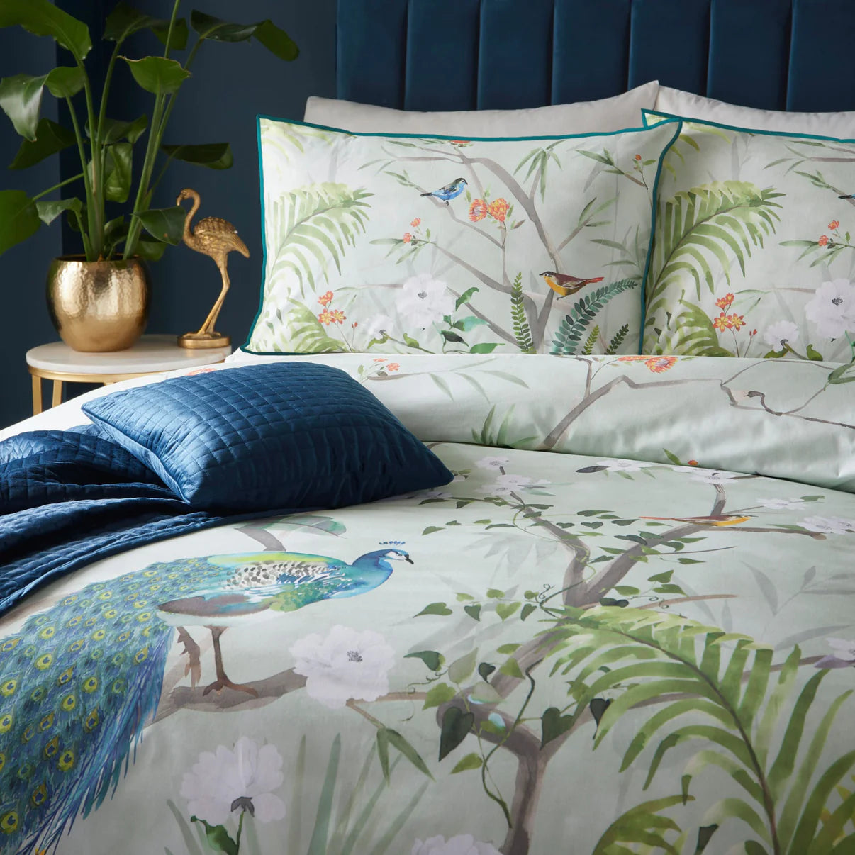 Soiree Peacock Jungle duvet cover set with tropical peacock-inspired luxury green bedding