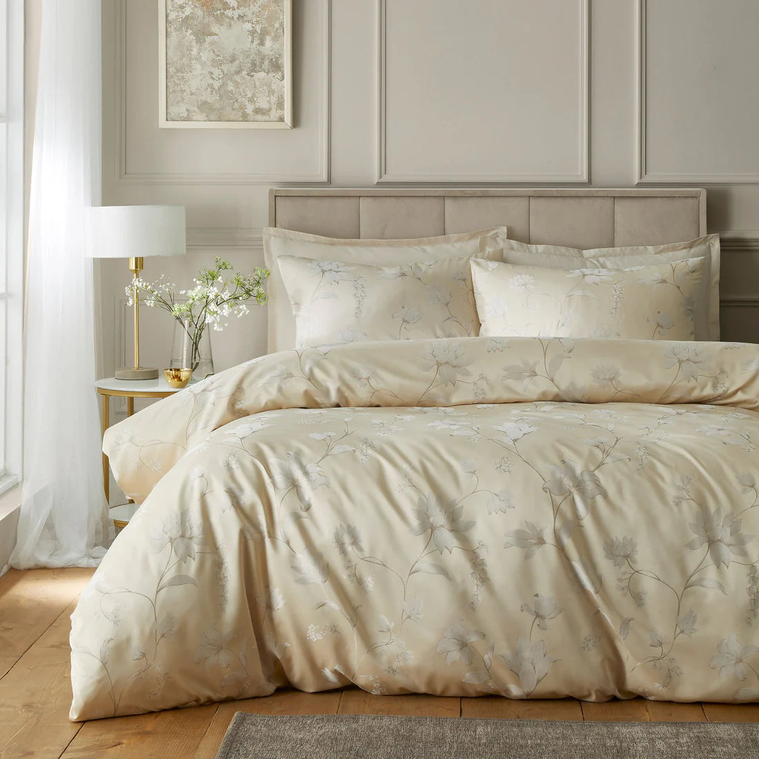 Soiree Lilly Floral Jacquard duvet cover set in champagne with elegant woven floral pattern and luxurious texture