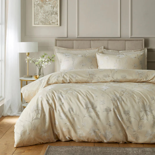 Soiree Lilly Floral Jacquard duvet cover set in champagne with elegant woven floral pattern and luxurious texture