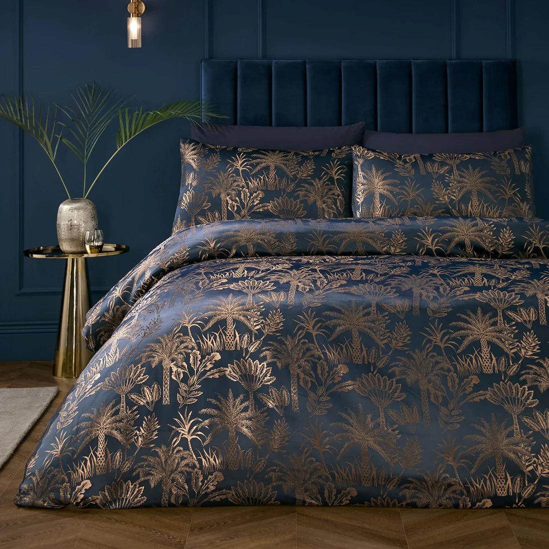 Soiree Midnight Palm navy jacquard duvet cover set with metallic palm tree design