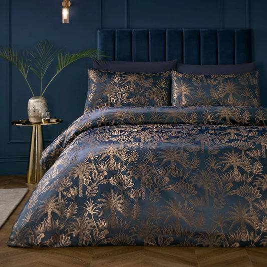 Soiree Midnight Palm navy jacquard duvet cover set with metallic palm tree design