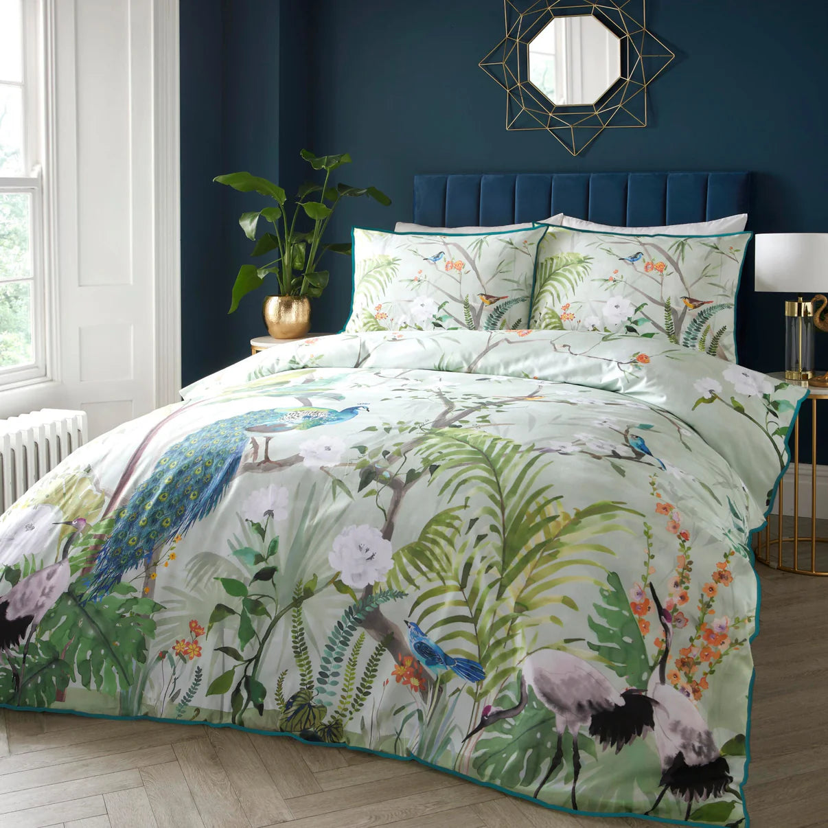 Soiree Peacock Jungle duvet cover set with tropical peacock-inspired luxury green bedding