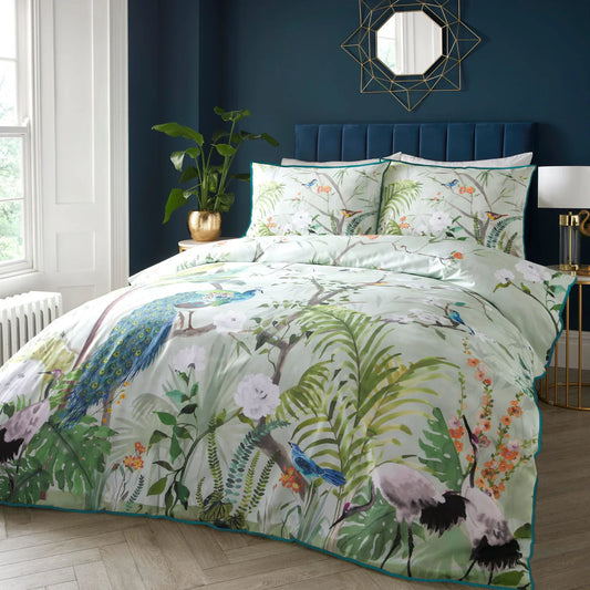 Soiree Peacock Jungle duvet cover set with tropical peacock-inspired luxury green bedding