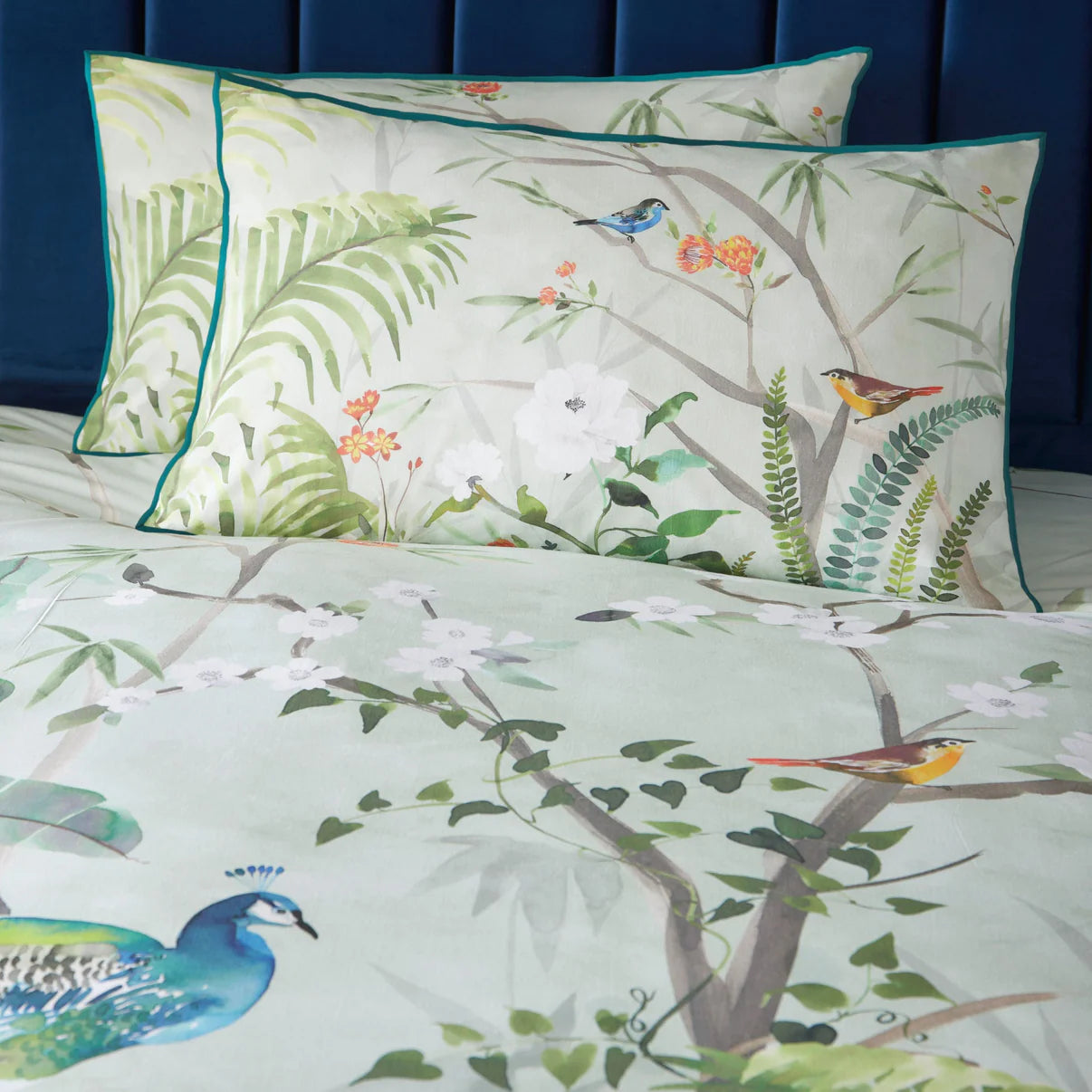 Soiree Peacock Jungle duvet cover set with tropical peacock-inspired luxury green bedding