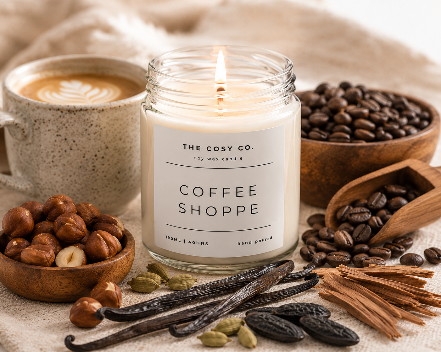 The Cosy Co Coffee Shoppe soy candle with rich coffee, hazelnut, vanilla and tonka bean fragrance