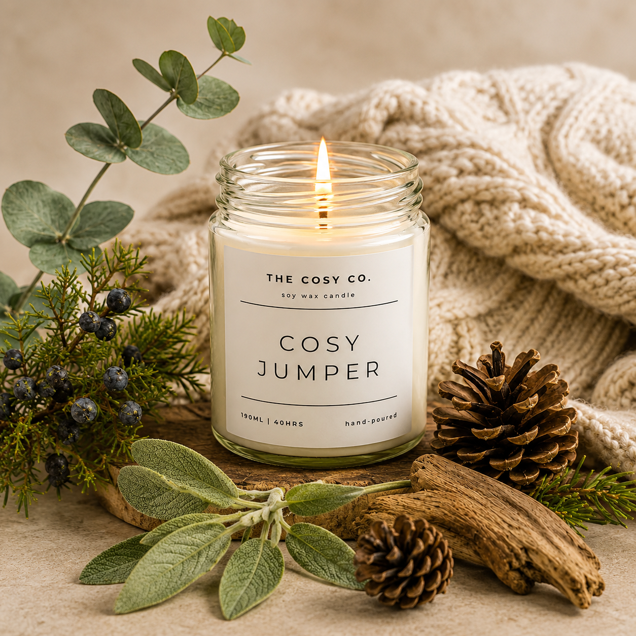 The Cosy Co Cosy Jumper soy candle with sage, juniper berry and eucalyptus fragrance