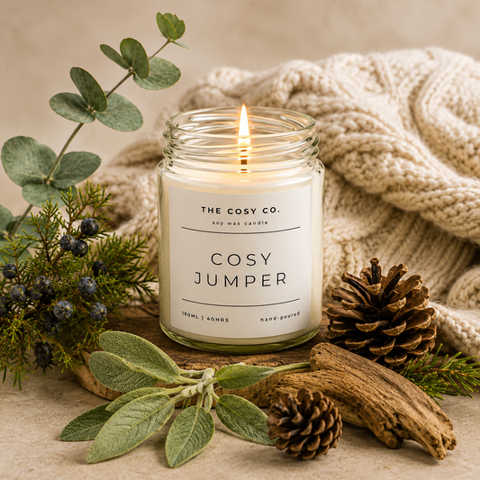 The Cosy Co Cosy Jumper soy candle with sage, juniper berry and eucalyptus fragrance