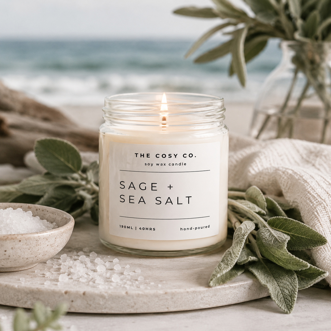 The Cosy Co Sage and Sea Salt soy candle in clear glass jar with fresh coastal fragrance