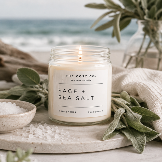 The Cosy Co Sage and Sea Salt soy candle in clear glass jar with fresh coastal fragrance