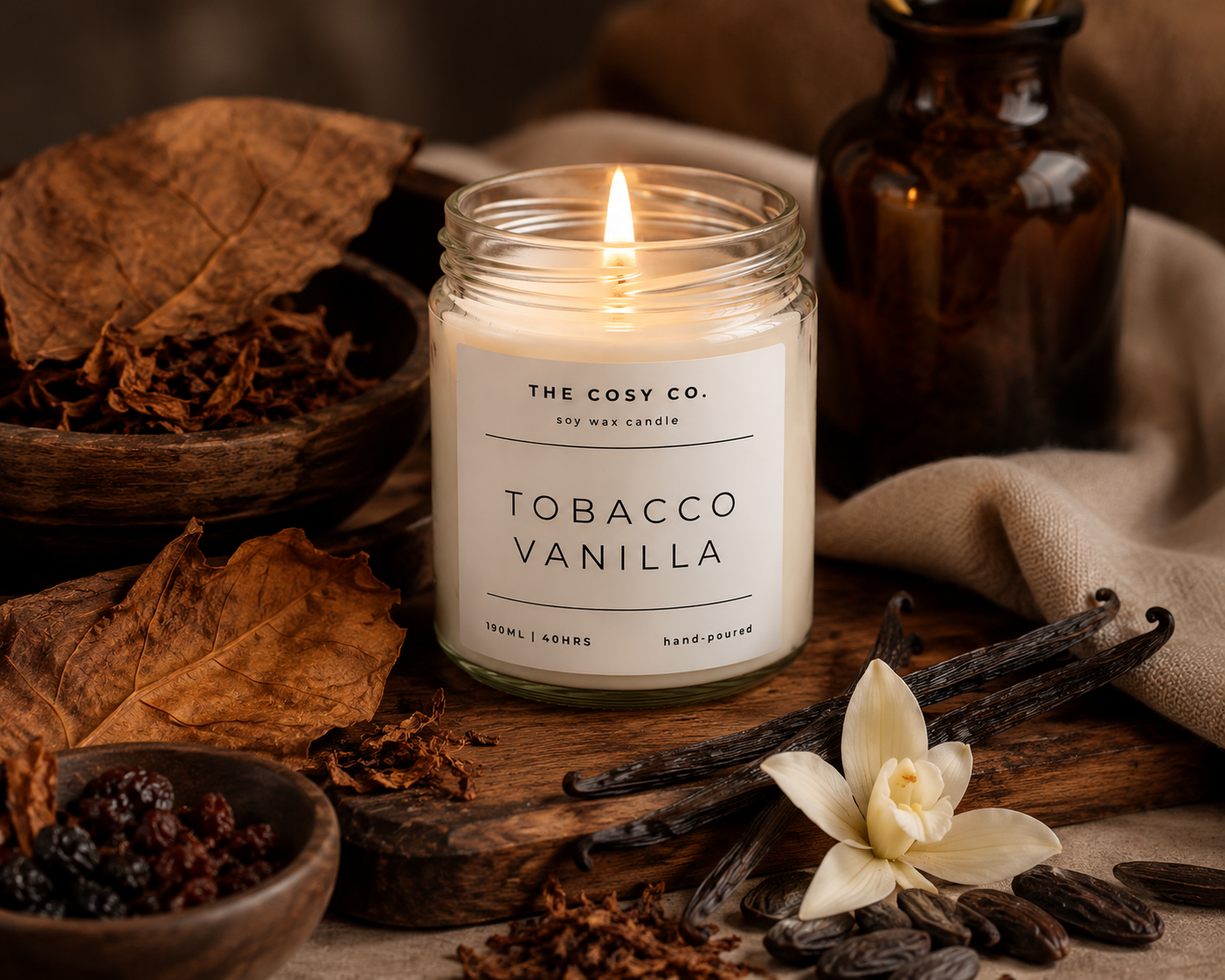 The Cosy Co Tobacco Vanilla soy candle with rich tobacco leaf, vanilla and tonka bean fragrance