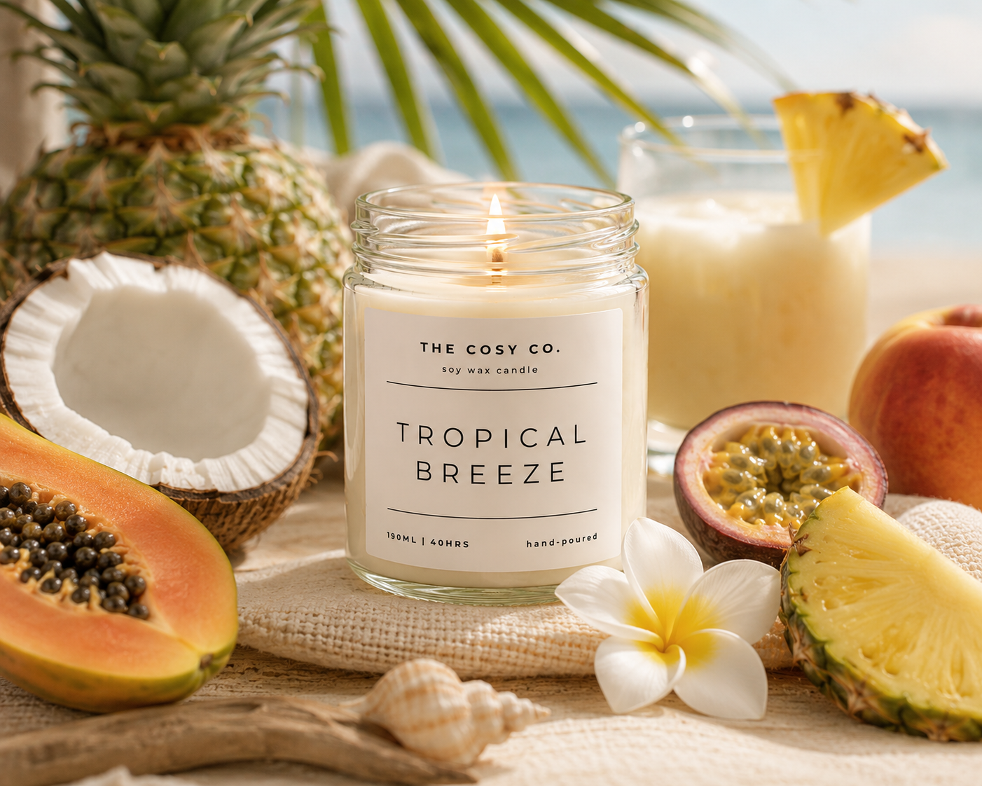 The Cosy Co Tropical Breeze soy candle with coconut, pineapple, papaya and tropical fruit fragrance
