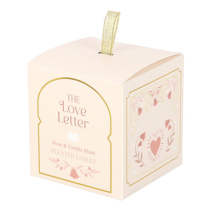 The Love Letter Rose and Vanilla Musk scented candle with romantic gift-ready packaging