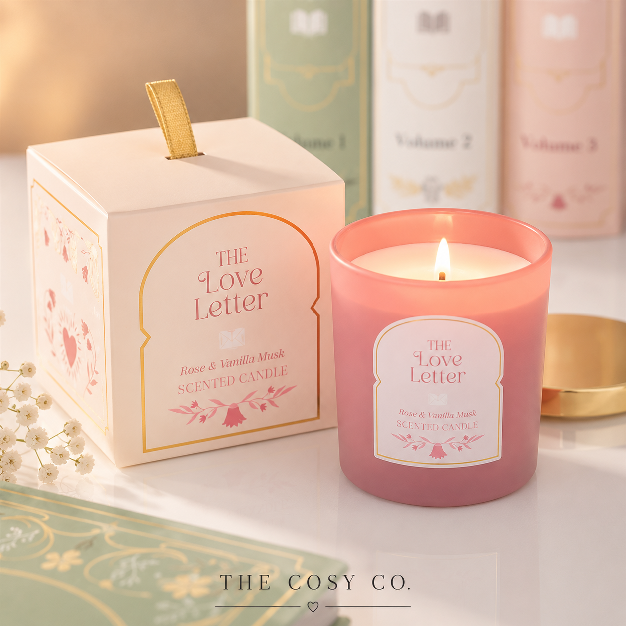 The Love Letter Rose and Vanilla Musk scented candle with romantic gift-ready packaging