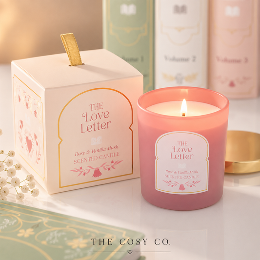 The Love Letter Rose and Vanilla Musk scented candle with romantic gift-ready packaging