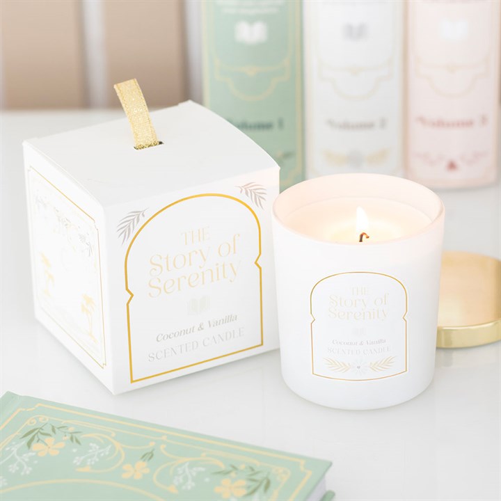 The Story of Serenity Coconut and Vanilla scented candle with elegant gift-ready packaging