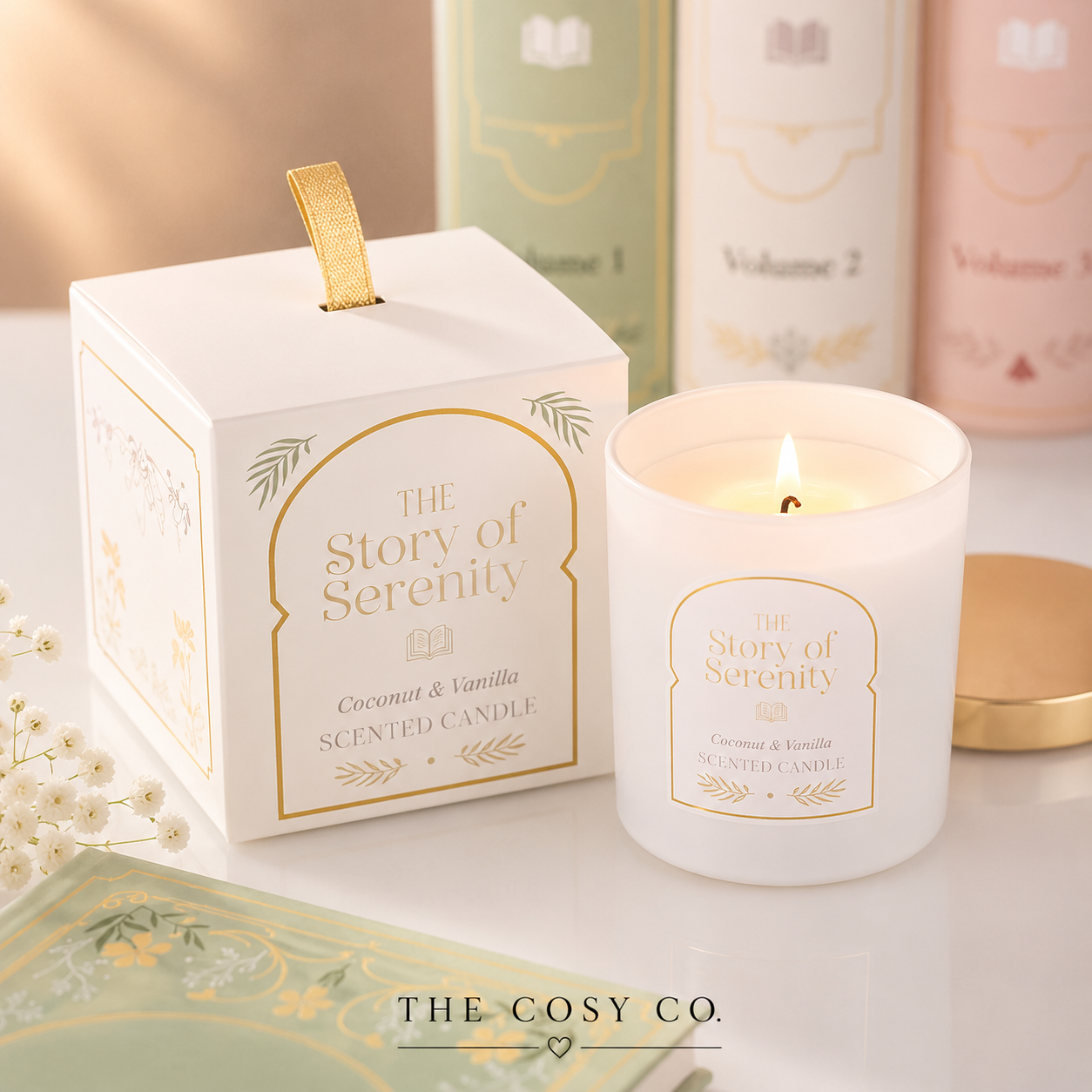 The Story of Serenity Coconut and Vanilla scented candle with elegant gift-ready packaging