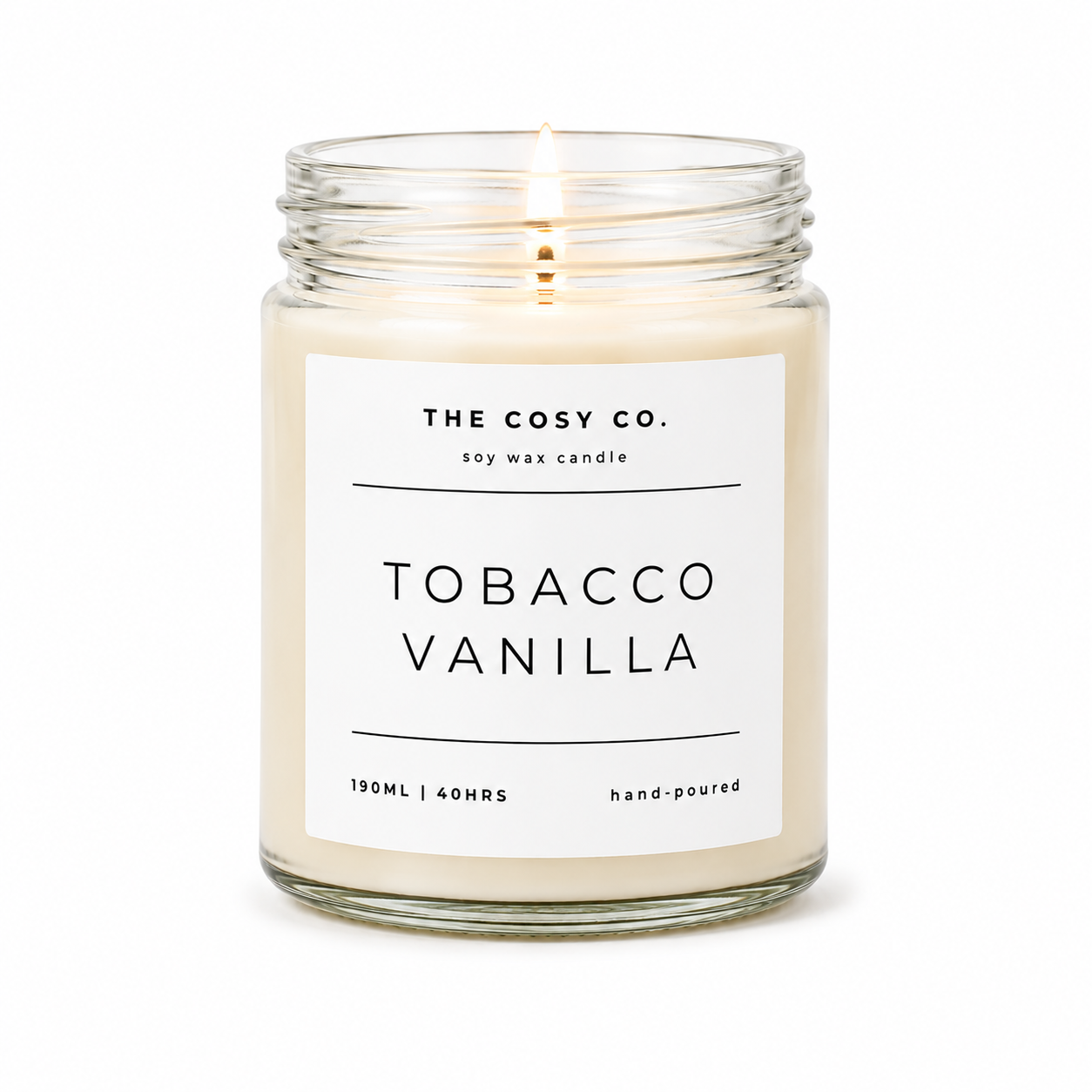 The Cosy Co Tobacco Vanilla soy candle with rich tobacco leaf, vanilla and tonka bean fragrance