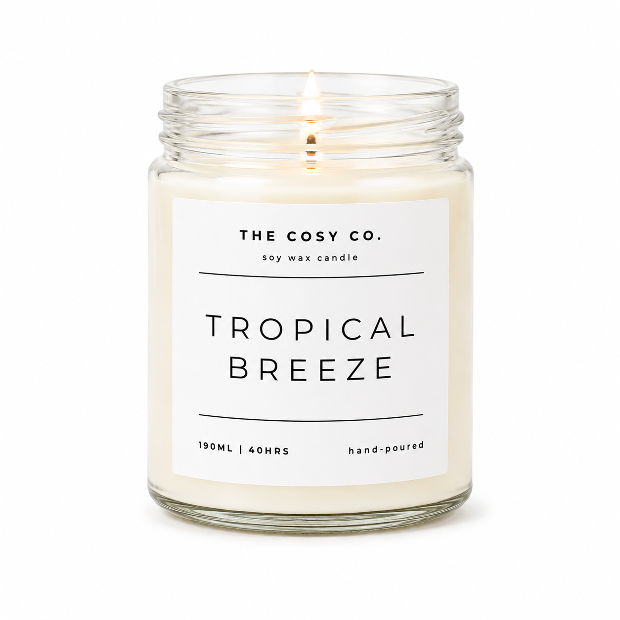 The Cosy Co Tropical Breeze soy candle with coconut, pineapple, papaya and tropical fruit fragrance