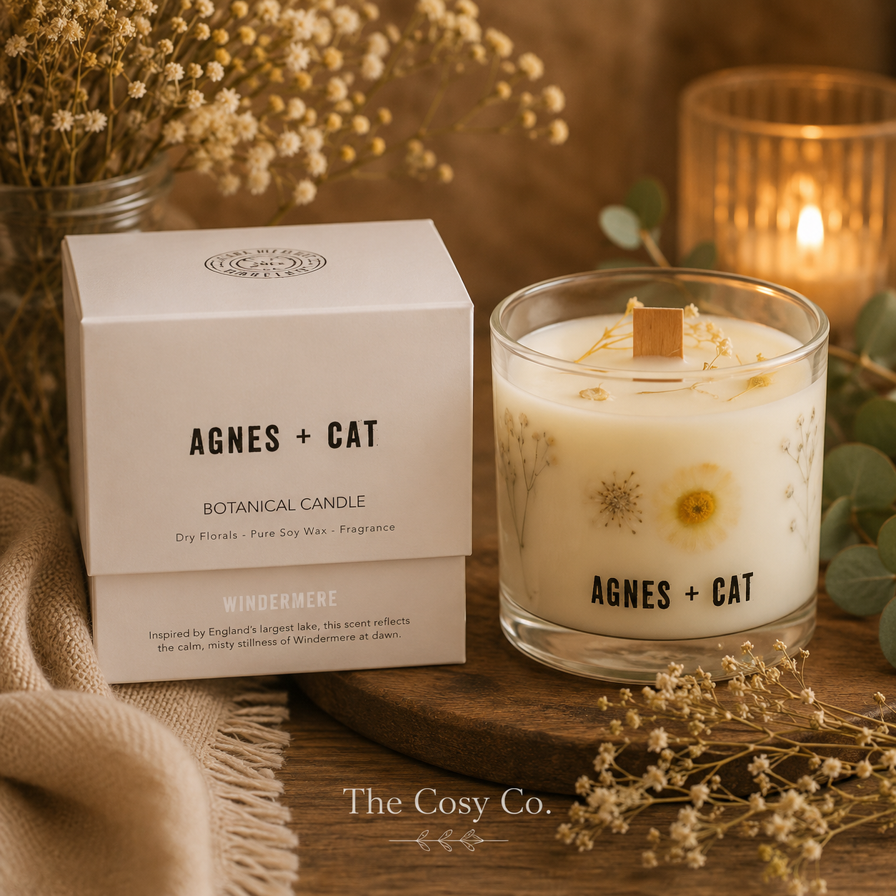 Agnes and Cat Windermere botanical soy wax candle with dried florals and fresh countryside-inspired fragrance