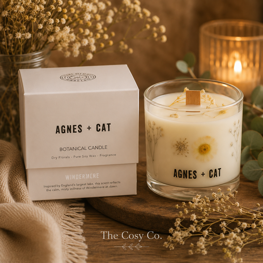Agnes and Cat Windermere botanical soy wax candle with dried florals and fresh countryside-inspired fragrance